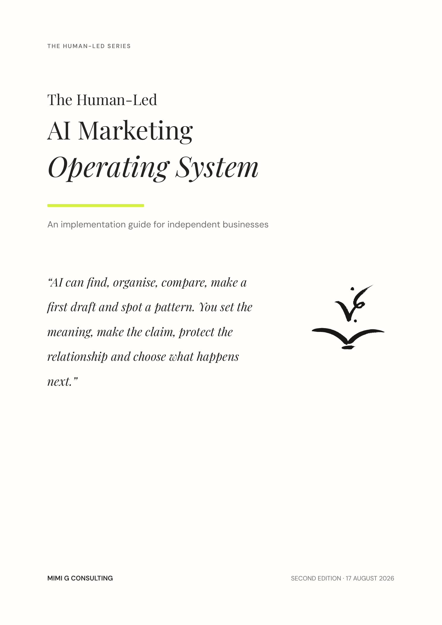 The Human-Led AI Marketing Operating System cover page from the finished Mimi G Consulting PDF