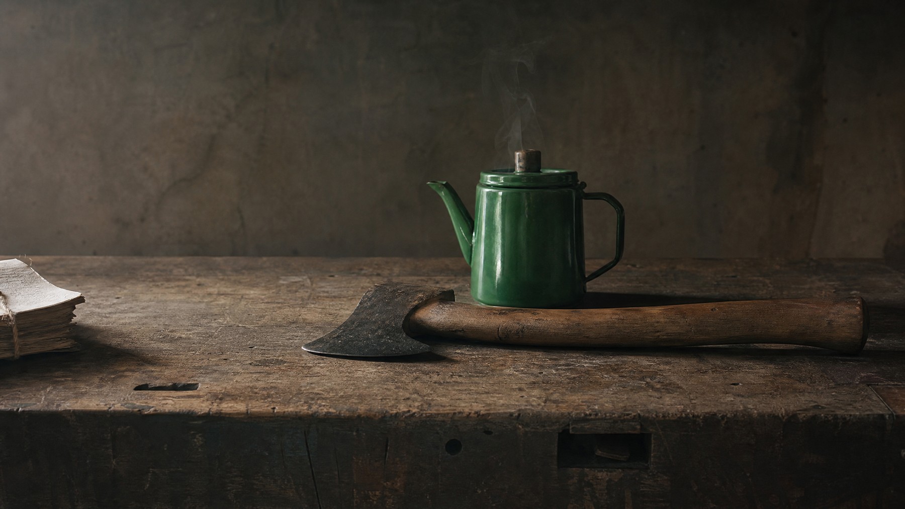 A green enamel kettle beside an axe on a worn workbench, an editorial still life about choosing fewer tools and doing less with intention.