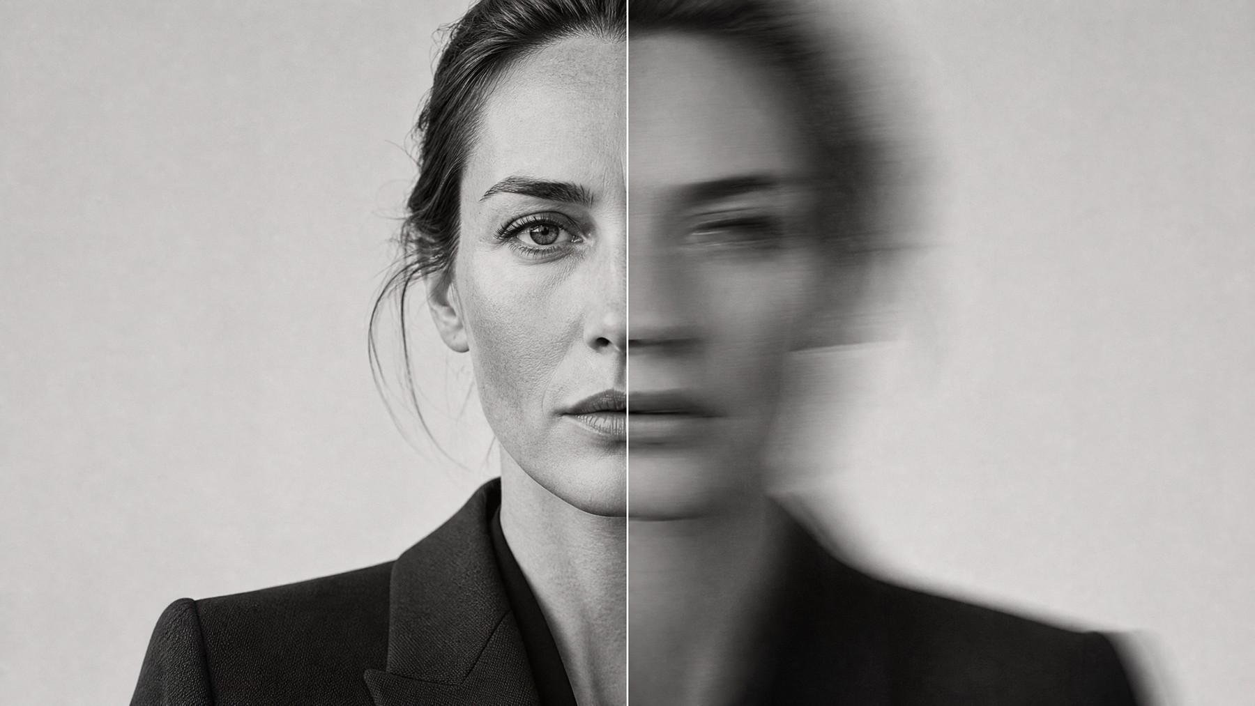 A black-and-white split portrait in which the same composed woman appears sharply seen on one side and softly blurred on the other, expressing value and perception.