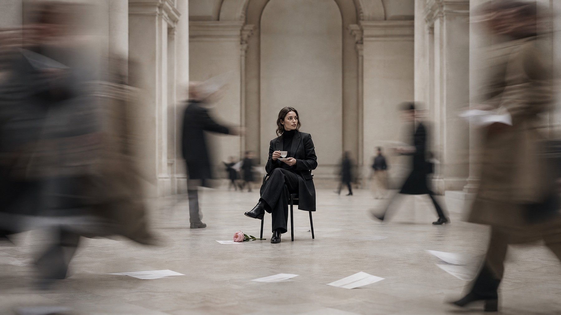 A composed woman sits perfectly still while hurried figures blur around her in a grand public space.