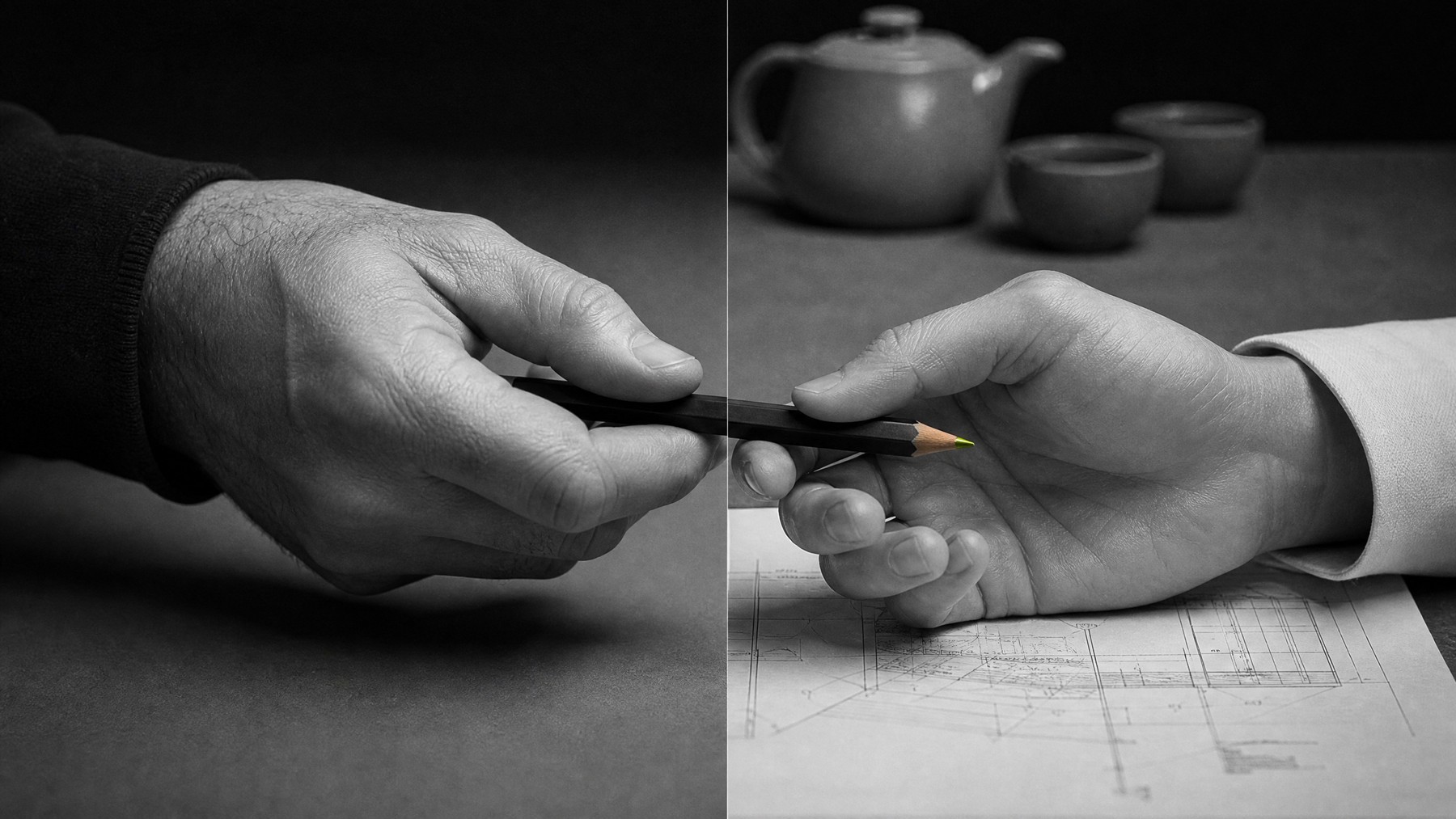 Two hands exchange a pencil across an architectural drawing in a split-frame black-and-white editorial composition.
