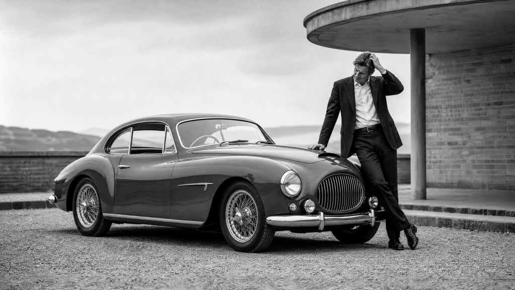 A thoughtful person leans on a rounded vintage car and scratches their head, illustrating the hidden complexity of AI in business.